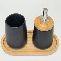 KIT DE BANHEIRO PRETO COM BANDEJA E TAMPA DE BAMBU